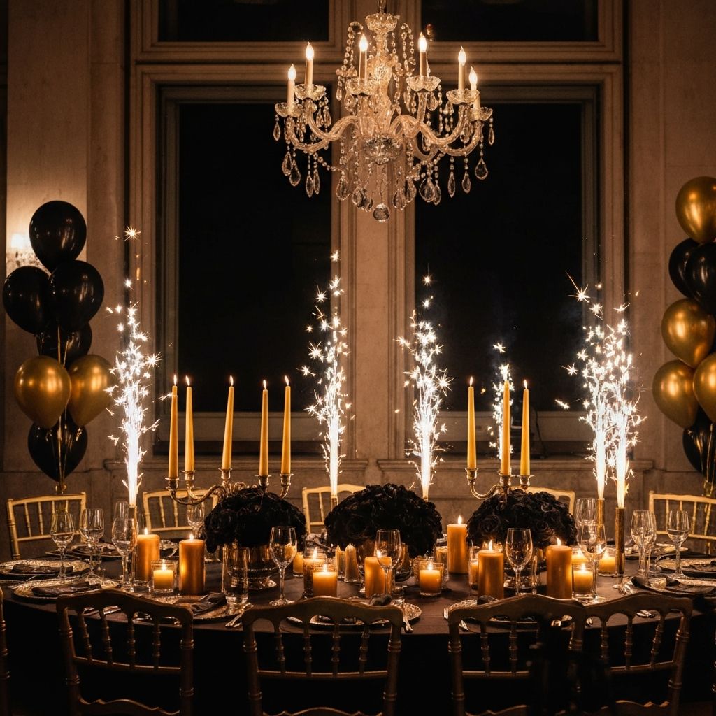 Festa di compleanno con decorazioni e candele dorate